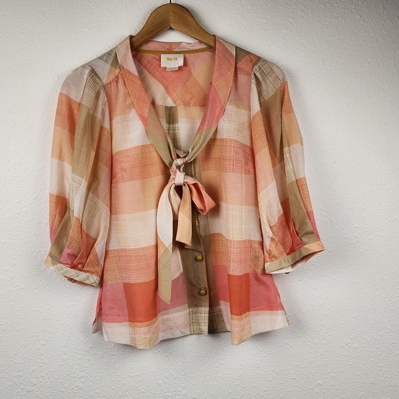 Maeve Anthropologie Boho Plaid Button-Down Blouse Top with Tie Front Neck Size 2 - Picture 1 of 10